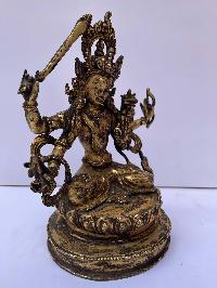 Buddhist Statue Of Manjushri, [full Fire Gold Plated], Antique Finishing