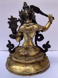 Buddhist Statue Of Manjushri, [full Fire Gold Plated], Antique Finishing