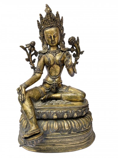 Buddhist Statue Of Green Tara, [full Fire Gold Plated], Antique Finishing