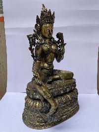 Buddhist Statue Of Green Tara, [full Fire Gold Plated], Antique Finishing