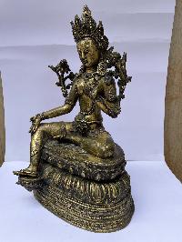 Buddhist Statue Of Green Tara, [full Fire Gold Plated], Antique Finishing