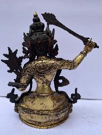 Buddhist Statue Of Manjushri, [full Fire Gold Plated], Antique Finishing