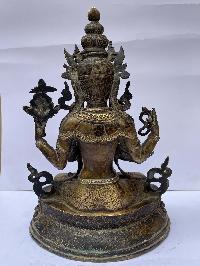 Buddhist Statue Of Chenrezig, [full Fire Gold Plated], Antique Finishing