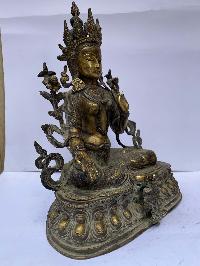 Buddhist Statue Of Green Tara, [full Fire Gold Plated], Antique Finishing