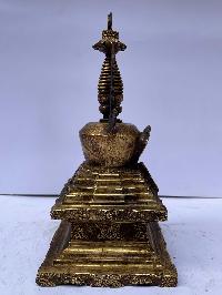 Buddhist Stupa Descent From God Realm -lhabab Chorten, [full Fire Gold Plated], Antique Finishing