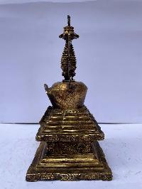 Buddhist Stupa Descent From God Realm -lhabab Chorten, [full Fire Gold Plated], Antique Finishing