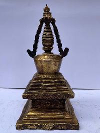 Buddhist Stupa Descent From God Realm -lhabab Chorten, [full Fire Gold Plated], Antique Finishing