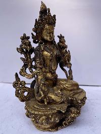 Buddhist Statue Of Green Tara, [full Fire Gold Plated], Antique Finishing