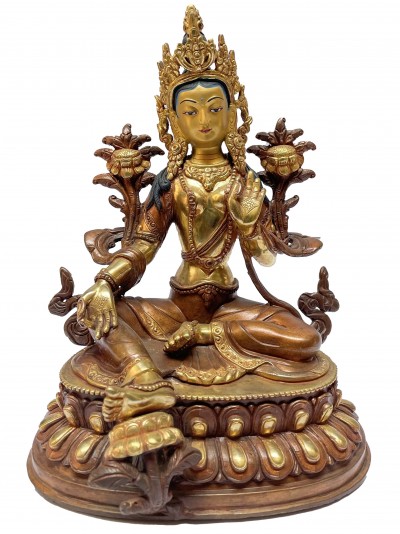 Buddhist Statue Of Green Tara, [partly Gold Plated], [painted Face]