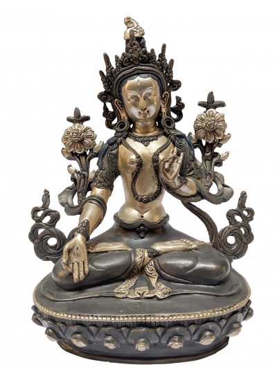 Buddhist Statue Of White Tara, [silver And Chocolate Oxidized]