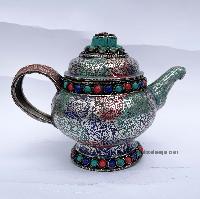 Tibetan Tea And Water Offering Vessel, [multi Color, With Stone Setting] And Metal Siku Design