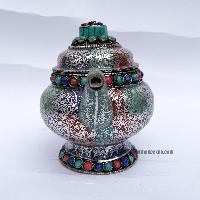 Tibetan Tea And Water Offering Vessel, [multi Color, With Stone Setting] And Metal Siku Design