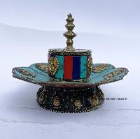 Hand Beaten Metal Incense Burner, [tourquise, Coral And Lapis Stone Setting]