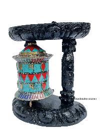 Brass Prayer Wheel On Wooden Frame [small, With Tourquise, Coral And Lapis Stone Setting], With Mantra Inside, Wall Mountable