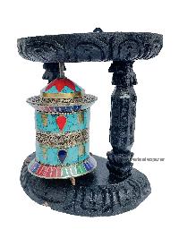 Brass Prayer Wheel On Wooden Frame [small, With Tourquise, Coral And Lapis Stone Setting], With Mantra Inside, Wall Mountable