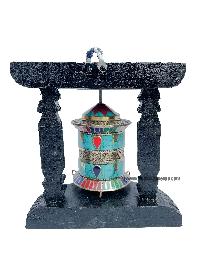 Brass Prayer Wheel On Wooden Frame [small, With Tourquise, Coral And Lapis Stone Setting], With Mantra Inside, Wall Mountable