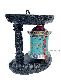 Brass Prayer Wheel On Wooden Frame [small, With Tourquise, Coral And Lapis Stone Setting] With Mantra Inside, Wall Mountable