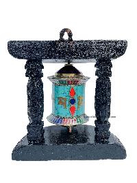 Brass Prayer Wheel On Wooden Frame [small, With Tourquise, Coral And Lapis Stone Setting] With Mantra Inside, Wall Mountable