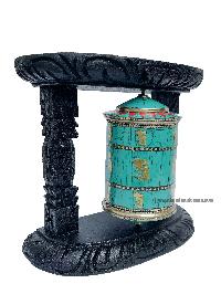 Brass Prayer Wheel On Wooden Frame [big, With Tourquise Stone Setting], With Mantra Inside, Wall Mountable