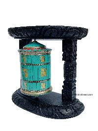 Brass Prayer Wheel On Wooden Frame [big, With Tourquise Stone Setting], With Mantra Inside, Wall Mountable