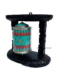 Brass Prayer Wheel On Wooden Frame [big, Withtourquise, Coral And Lapis Stone Setting], With Mantra Inside, Wall Mountable