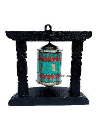 Brass Prayer Wheel On Wooden Frame [big, Withtourquise, Coral And Lapis Stone Setting], With Mantra Inside, Wall Mountable