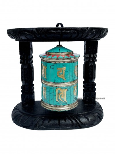 Brass Prayer Wheel On Wooden Frame [big, With Tourquise Stone Setting], With Mantra Inside, Wall Mountable