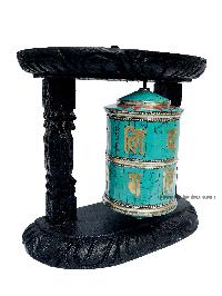 Brass Prayer Wheel On Wooden Frame [big, With Tourquise Stone Setting], With Mantra Inside, Wall Mountable