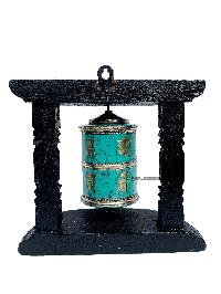 Brass Prayer Wheel On Wooden Frame [big, With Tourquise Stone Setting], With Mantra Inside, Wall Mountable