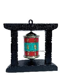 Brass Prayer Wheel On Wooden Frame [big, With Tourquise And Coral Stone Setting], With Mantra Inside, Wall Mountable