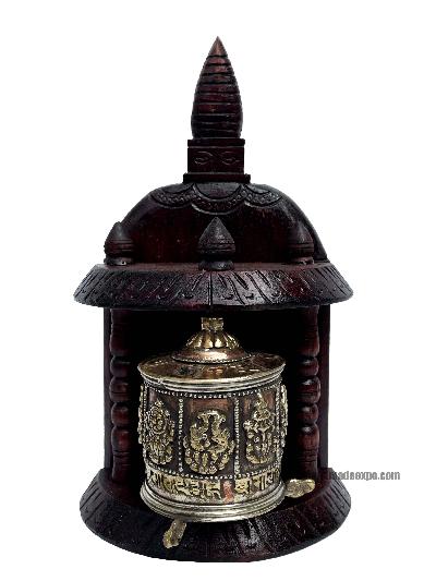 Brass Prayer Wheel On Wooden Frame [stupa Design], With Mantra Inside, Wall Mountable