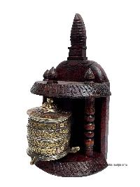 Brass Prayer Wheel On Wooden Frame [stupa Design], With Mantra Inside, Wall Mountable