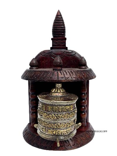 Brass Prayer Wheel On Wooden Frame [stupa Design], With Mantra Inside, Wall Mountable