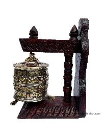 Brass Prayer Wheel On Wooden Frame, With Mantra Inside, Wall Mountable