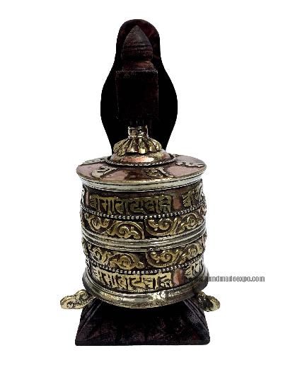 Brass Prayer Wheel On Wooden Frame, With Mantra Inside, Wall Mountable