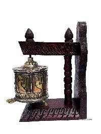 Brass Prayer Wheel On Wooden Frame, With Mantra Inside, Wall Mountable