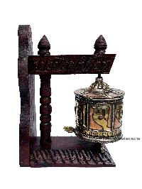 Brass Prayer Wheel On Wooden Frame, With Mantra Inside, Wall Mountable