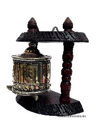 Brass Prayer Wheel On Wooden Frame, With Mantra Inside, Wall Mountable