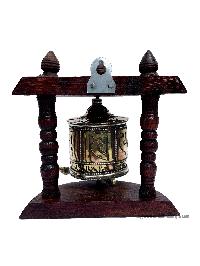 Brass Prayer Wheel On Wooden Frame, With Mantra Inside, Wall Mountable