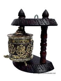 Brass Prayer Wheel On Wooden Frame, With Mantra Inside, Wall Mountable