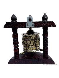 Brass Prayer Wheel On Wooden Frame, With Mantra Inside, Wall Mountable