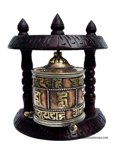 Brass Prayer Wheel On Wooden Frame, With Mantra Inside, Wall Mountable