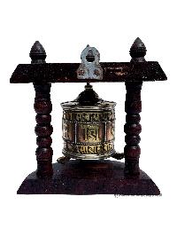 Brass Prayer Wheel On Wooden Frame, With Mantra Inside, Wall Mountable