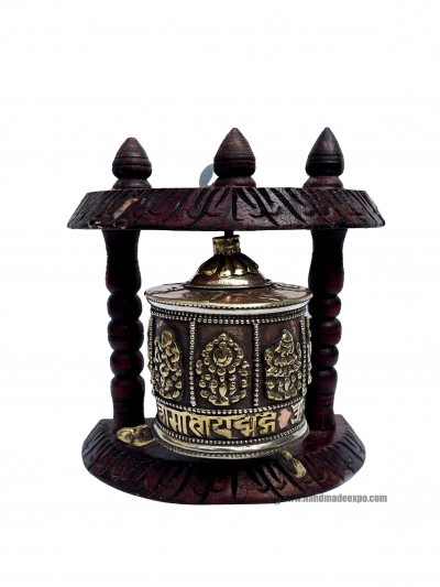 Brass Prayer Wheel On Wooden Frame, With Mantra Inside, Wall Mountable