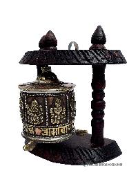 Brass Prayer Wheel On Wooden Frame, With Mantra Inside, Wall Mountable