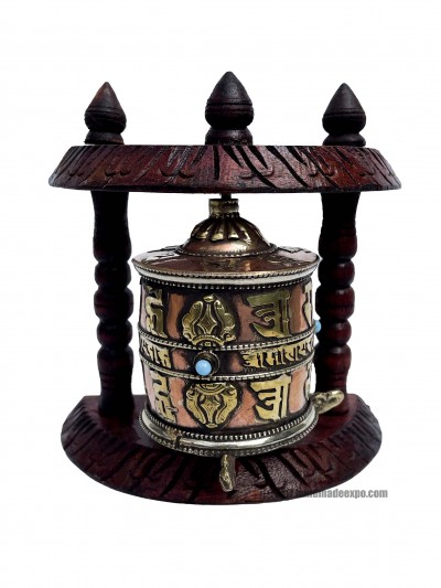 Brass Prayer Wheel On Wooden Frame, With Mantra Inside, Wall Mountable