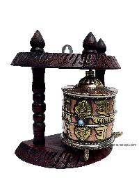 Brass Prayer Wheel On Wooden Frame, With Mantra Inside, Wall Mountable