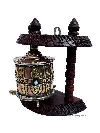 Brass Prayer Wheel On Wooden Frame, With Mantra Inside, Wall Mountable