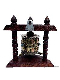 Brass Prayer Wheel On Wooden Frame, With Mantra Inside, Wall Mountable