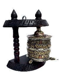 Brass Prayer Wheel On Wooden Frame, With Mantra Inside, Wall Mountable